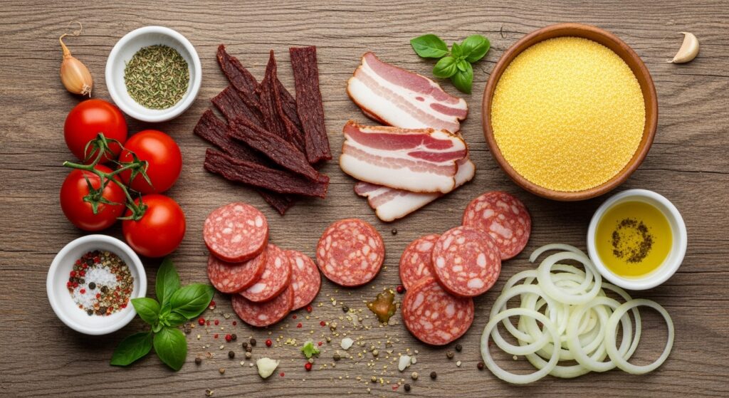 Ingredientes para a receita de cuscuz recheado organizados em uma bancada de madeira.