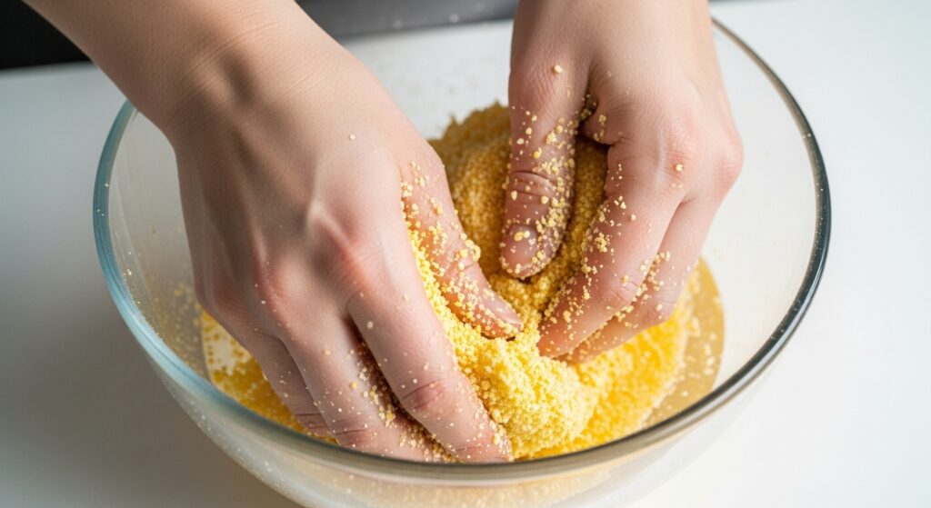 Massa da receita de cuscuz recheado sendo hidratada em tigela de vidro.