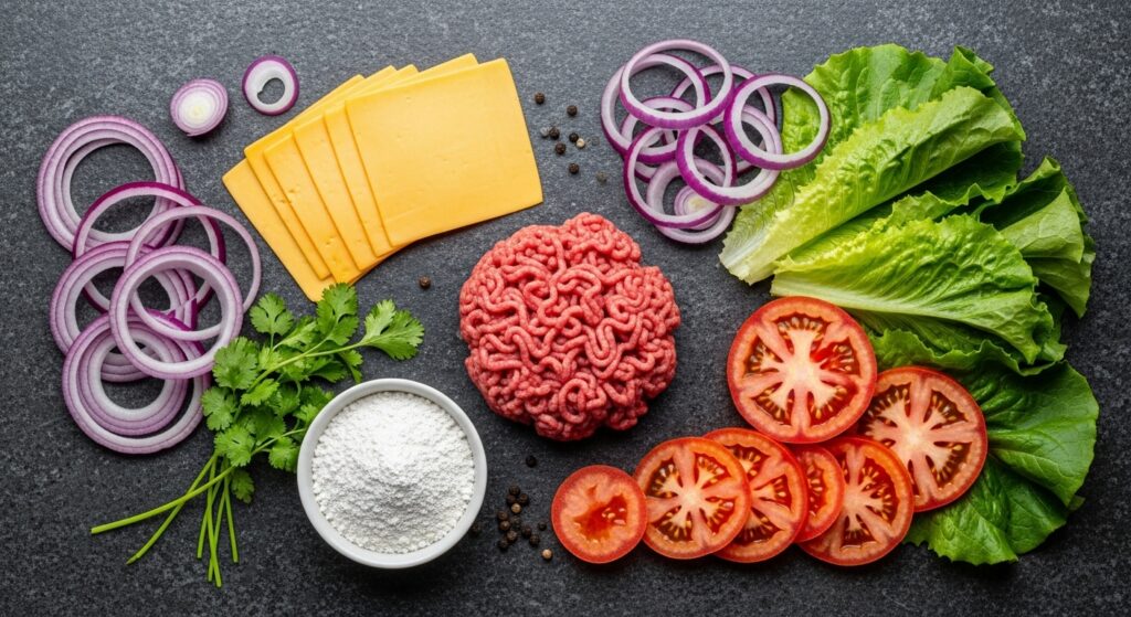 Ingredientes para a receita de hambúrguer de tapioca organizados em uma bancada de cozinha.