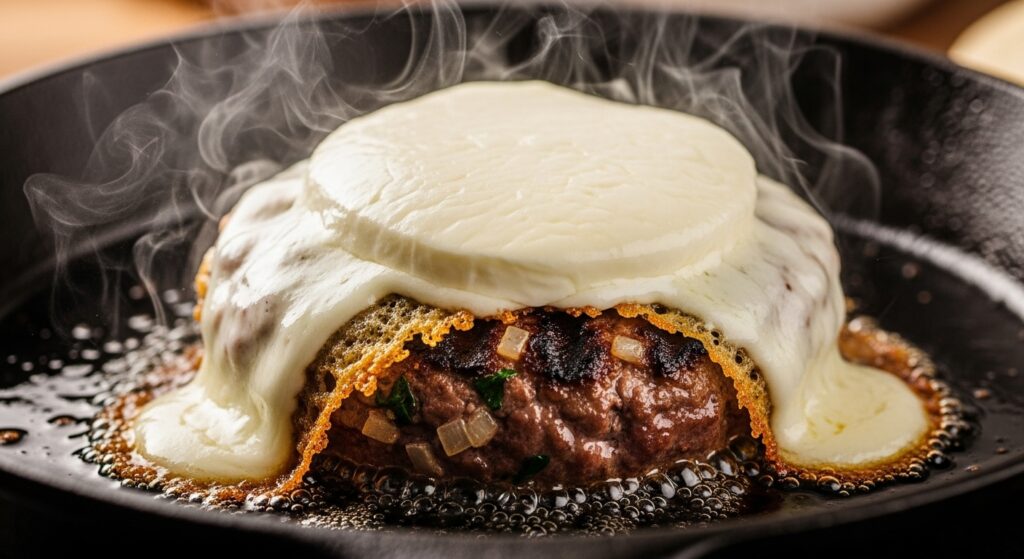 Hambúrguer caseiro da receita de hambúrguer de tapioca fritando com queijo derretido
