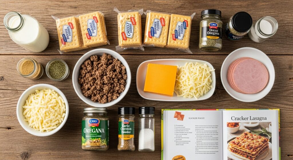 Ingredientes para a receita de lasanha de bolacha água e sal organizados em uma bancada de cozinha.