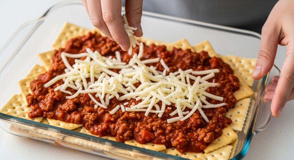 Montagem das camadas da receita de lasanha de bolacha água e sal em um refratário.