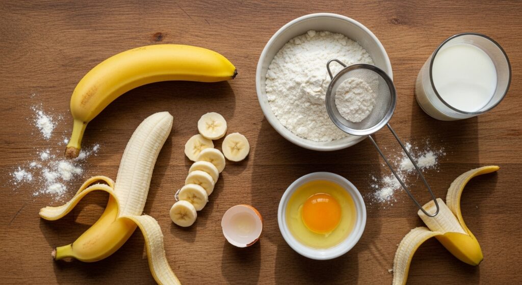 Ingredientes para a receita de medalhão de banana organizados em uma bancada de cozinha.