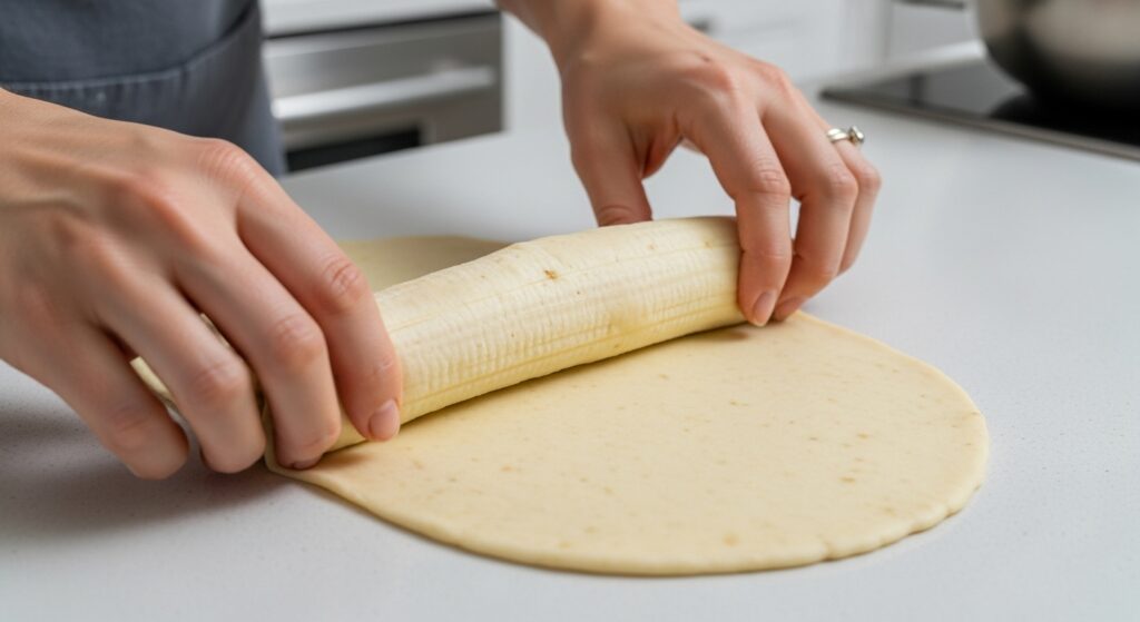 Massa da receita de medalhão de banana sendo enrolada na fruta.