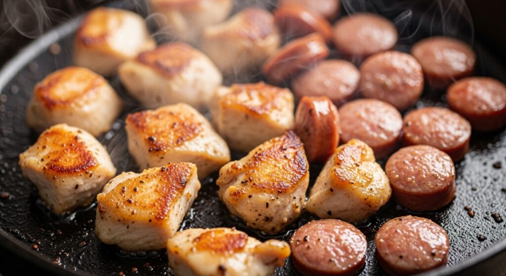 Preparo da receita de sopa de frango com macarrão e linguiça, carnes dourando na panela.