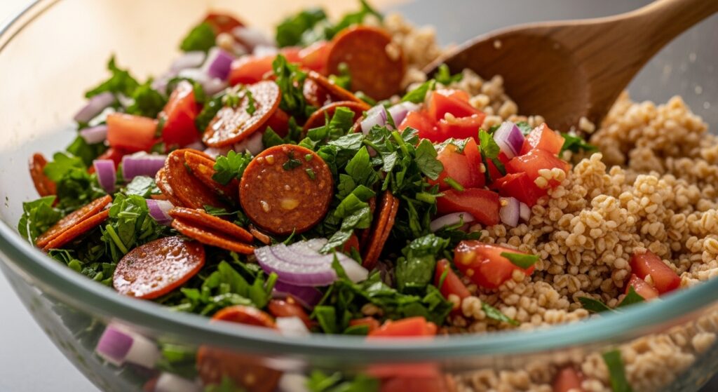 Massa da receita de tabule com calabresa sendo preparada em tigela de vidro.