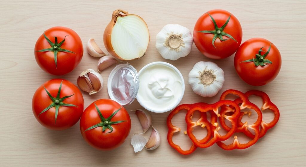 Ingredientes para sopa de tomate com creme de leite organizados em uma bancada de cozinha.