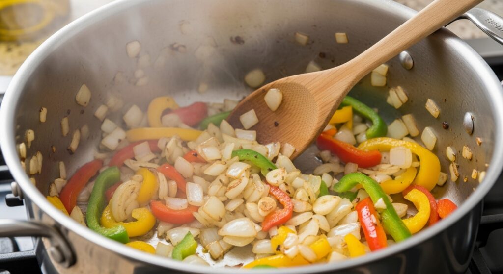 Refogado de cebola, alho e pimentão para sopa de tomate com creme de leite.