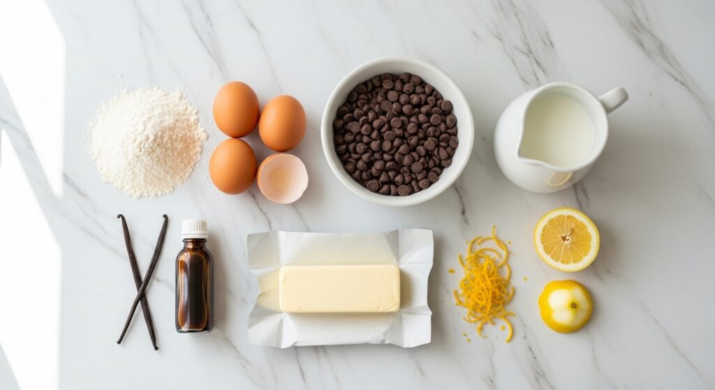 Ingredientes para chocotone recheado organizados em bancada de mármore branco.