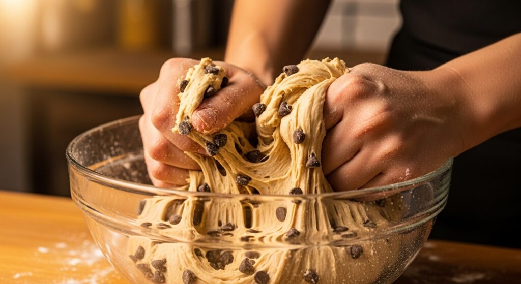 Massa de chocotone recheado sendo sovada em tigela de vidro com gotas de chocolate visíveis.