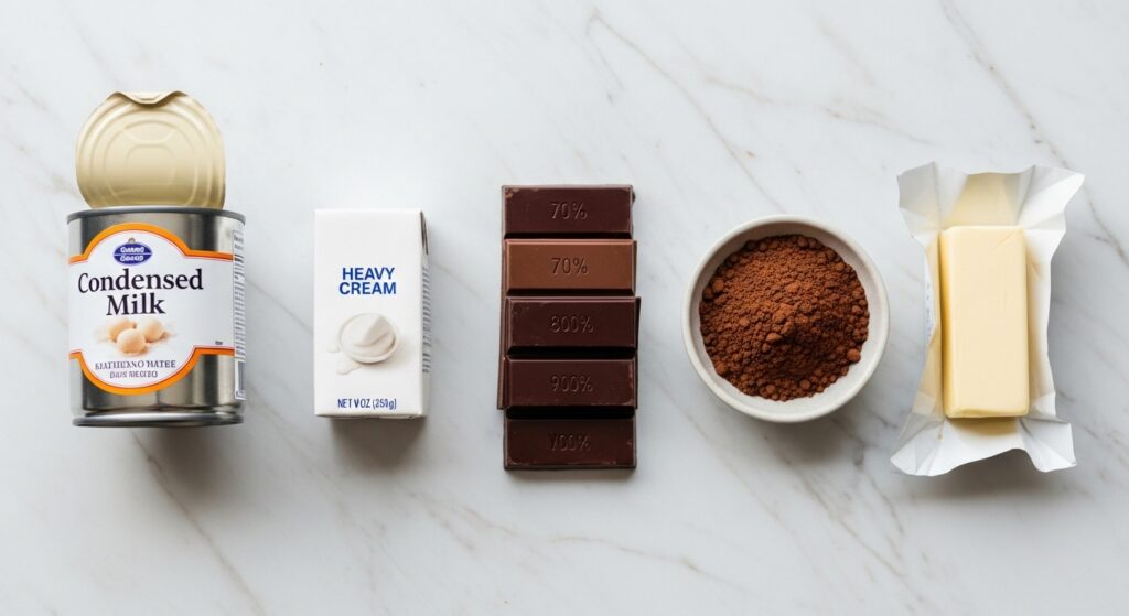 Ingredientes para receita de brigadeiro gourmet cremoso organizados em bancada de mármore