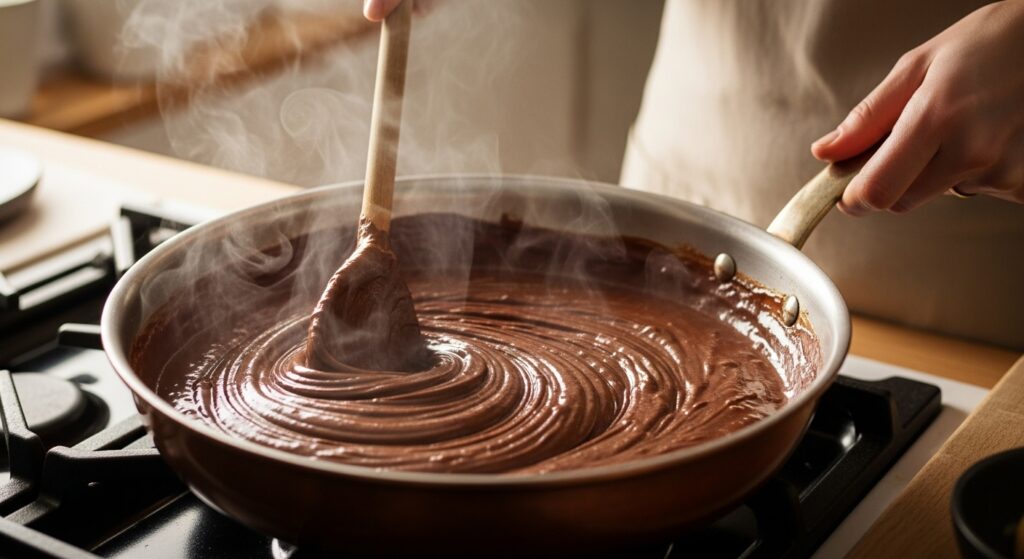 Massa cremosa de receita de brigadeiro gourmet cremoso sendo mexida em panela durante o preparo