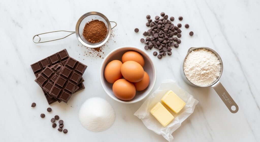 Ingredientes para receita de brownie com casquinha crocante organizados na bancada