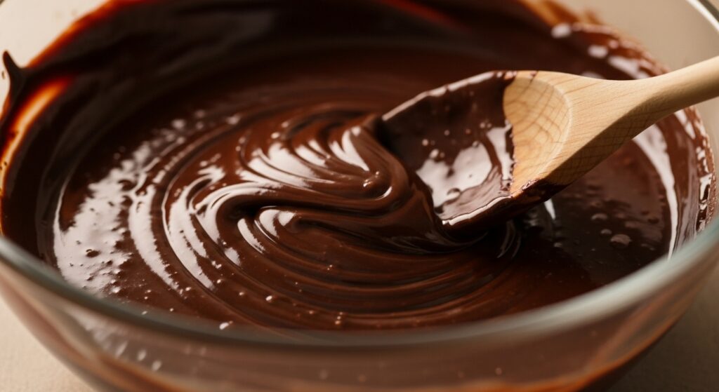 Chocolate derretido com manteiga para massa de brownie com casquinha crocante