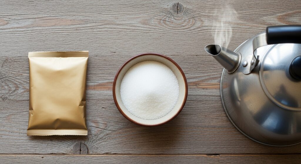 Ingredientes para a receita de café cremoso com 3 ingredientes organizados em uma bancada de madeira.