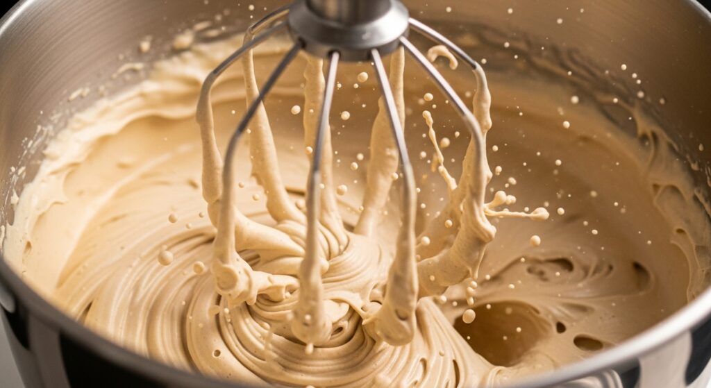 Creme da receita de café cremoso sendo batido na batedeira, mostrando a textura firme.