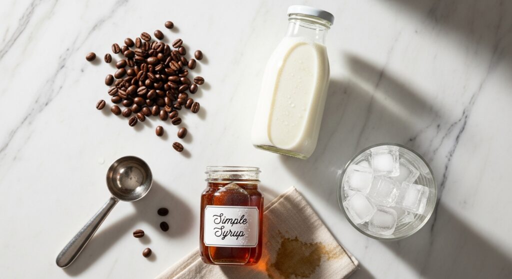 Ingredientes para a receita de café gelado tipo Starbucks organizados em uma bancada de cozinha.