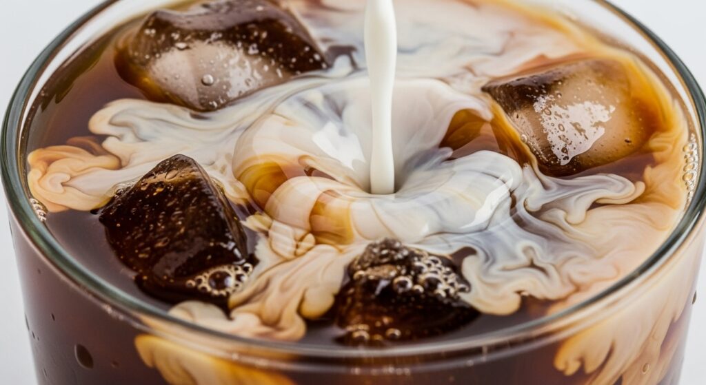 Leite sendo misturado ao café na receita de café gelado tipo Starbucks.