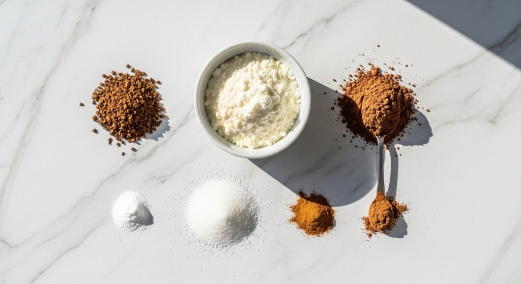 Ingredientes para receita de cappuccino caseiro cremoso organizados em bancada de mármore