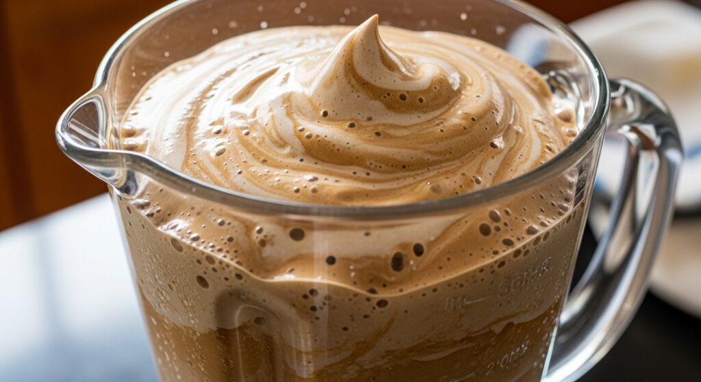 Mistura cremosa de cappuccino caseiro sendo batida no liquidificador com textura aerada