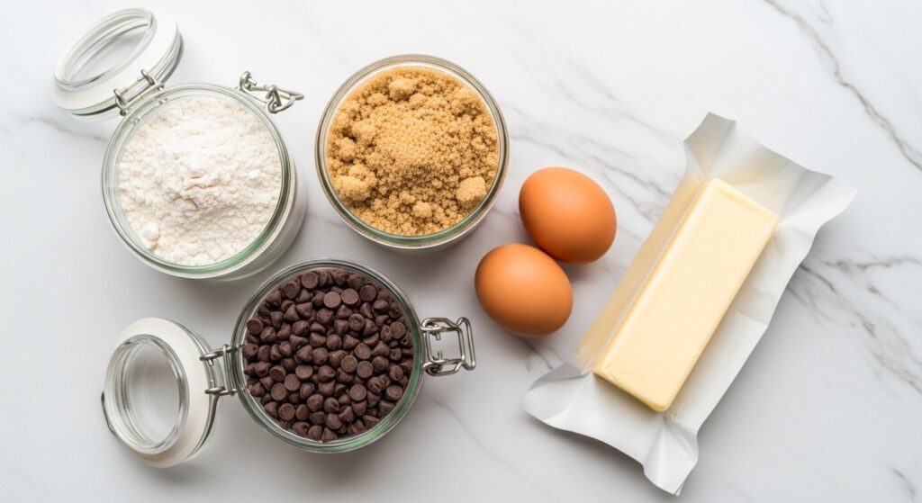 Ingredientes para a receita de cookie americano crocante organizados em uma bancada de cozinha.