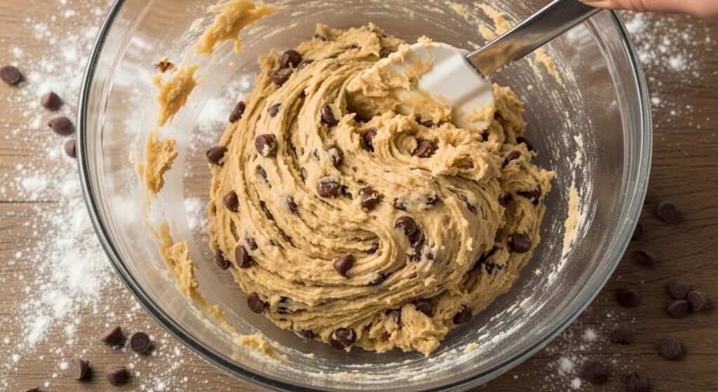 Massa da receita de cookie americano crocante sendo preparada em tigela de vidro.