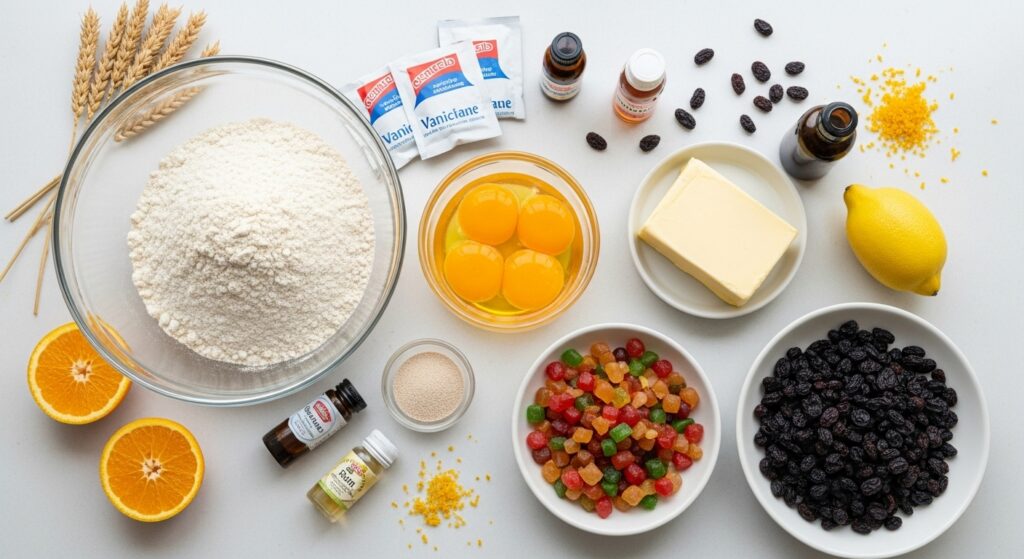 Ingredientes para receita de panetone caseiro organizados em bancada de cozinha: farinha, gemas, manteiga, frutas cristalizadas e uvas passas.
