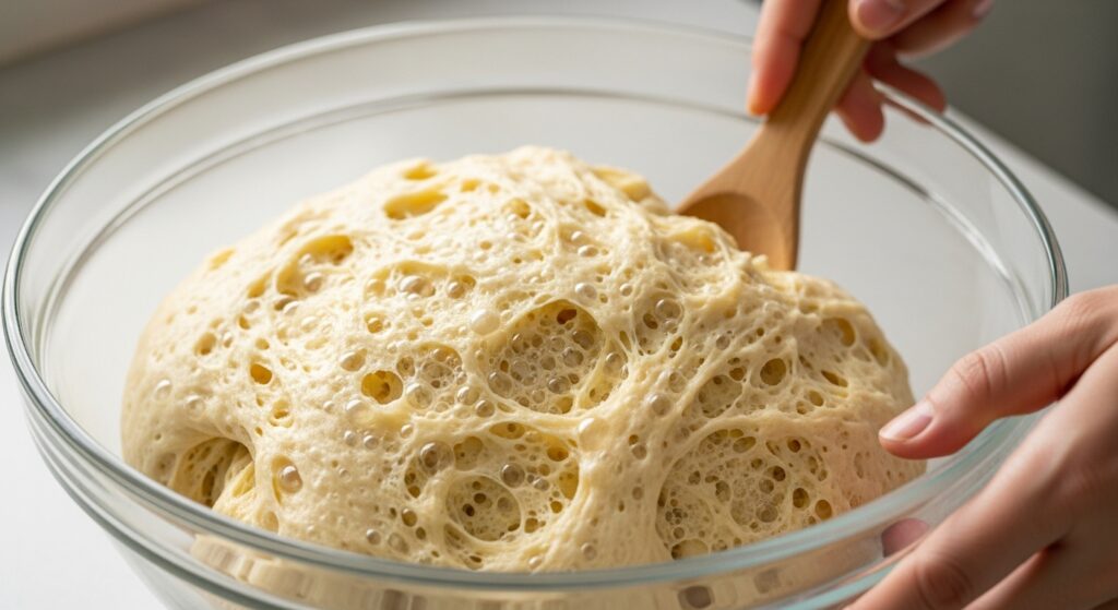 Esponja fermentada para receita de panetone caseiro em tigela de vidro, mostrando textura aerada e cheia de bolhas.