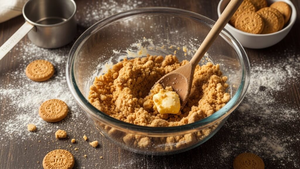 Preparação da massa de biscoito para a receita de torta de limão cremosa.