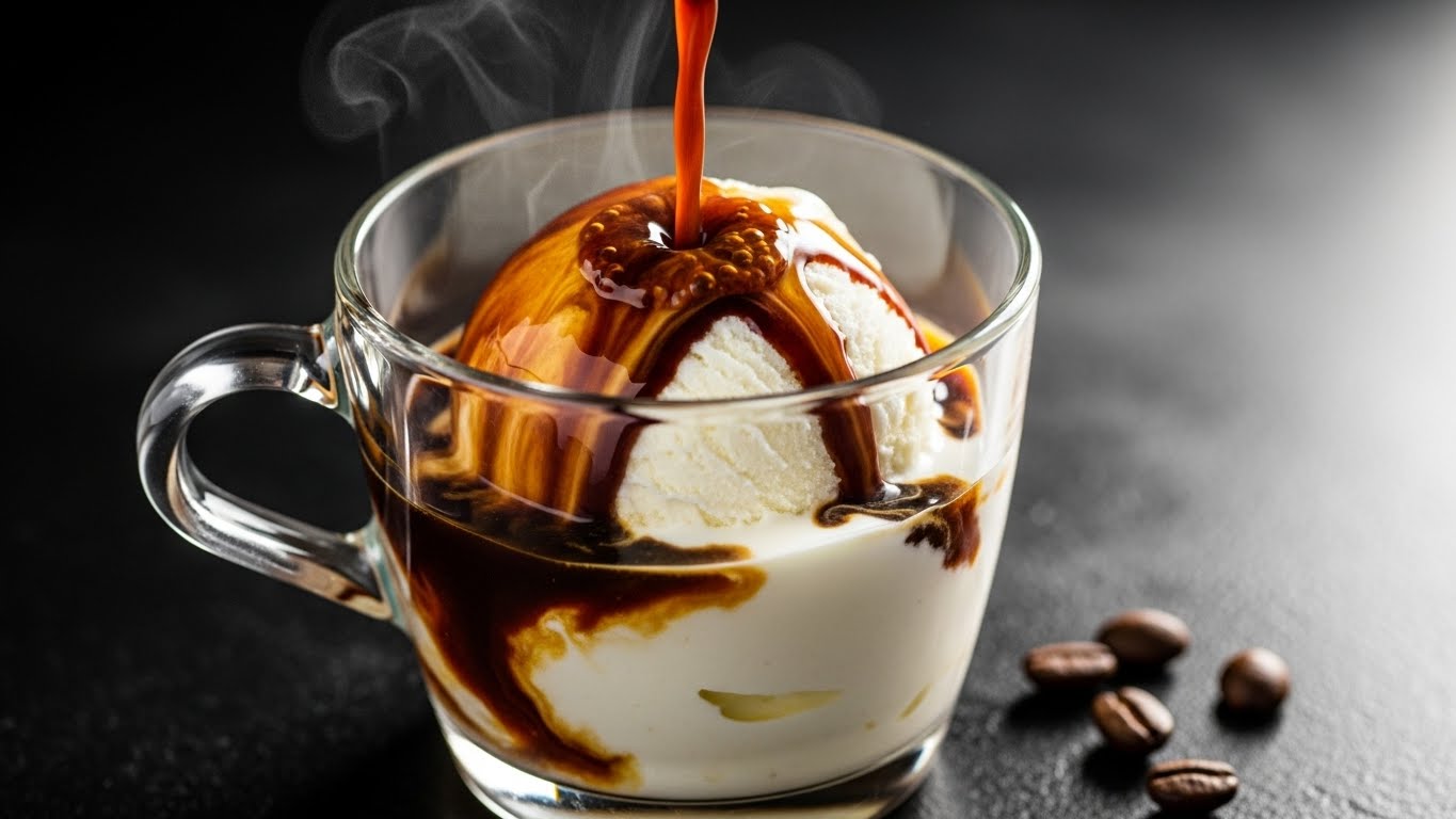 Café expresso quente sendo despejado sobre bola de sorvete de creme para fazer um Affogato clássico.