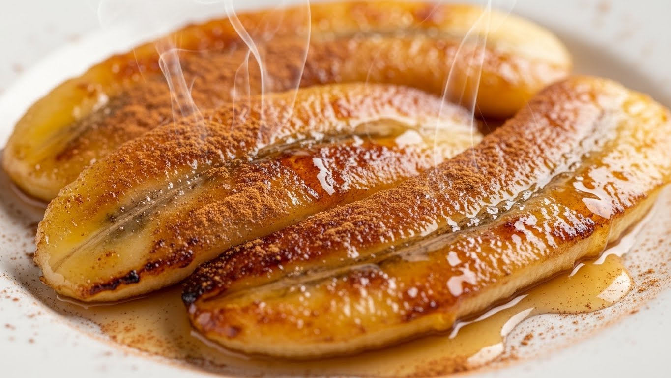 Fatias de banana caramelada na frigideira polvilhadas com canela, servidas quentes no prato."