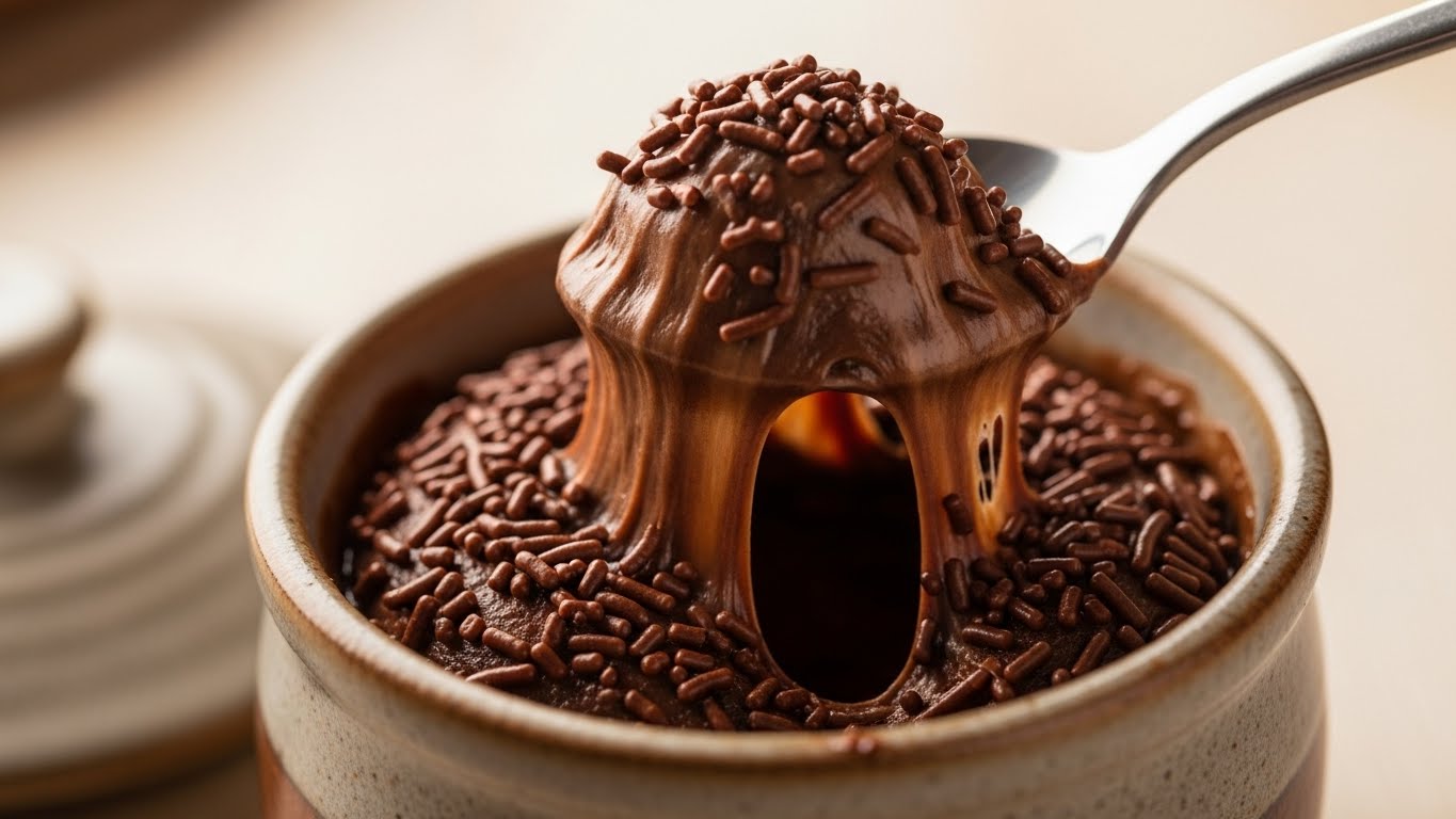 Pote com brigadeiro de colher cremoso e chocolate granulado, sendo puxado por uma colher.