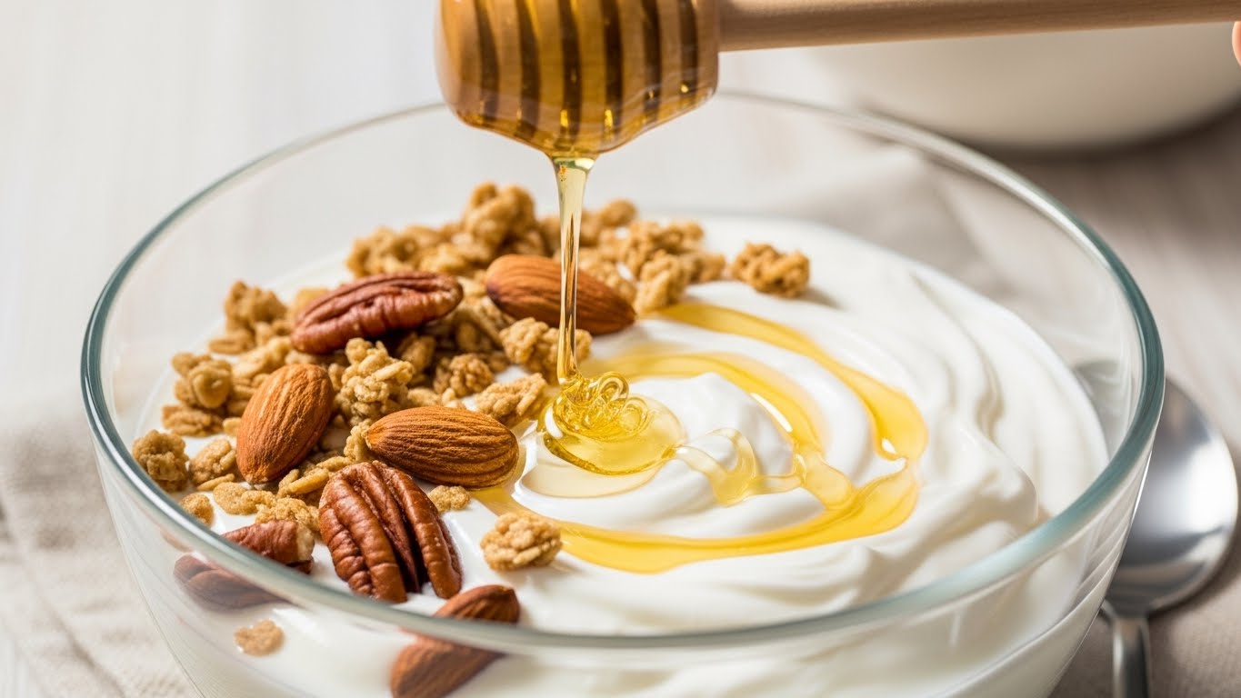 Tigela de iogurte grego natural sendo regado com mel dourado e coberto com granola crocante.
