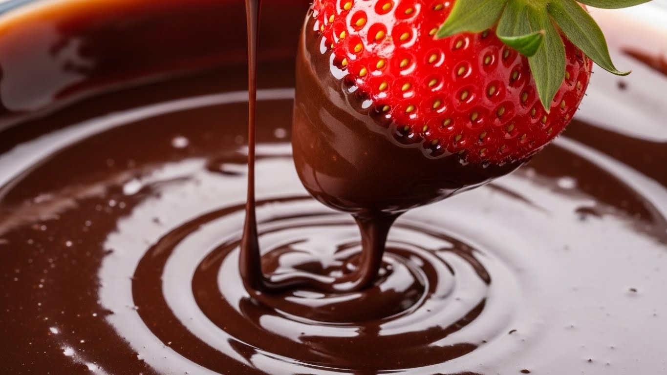 Morangos frescos sendo mergulhados em ganache de chocolate brilhante e cremoso.