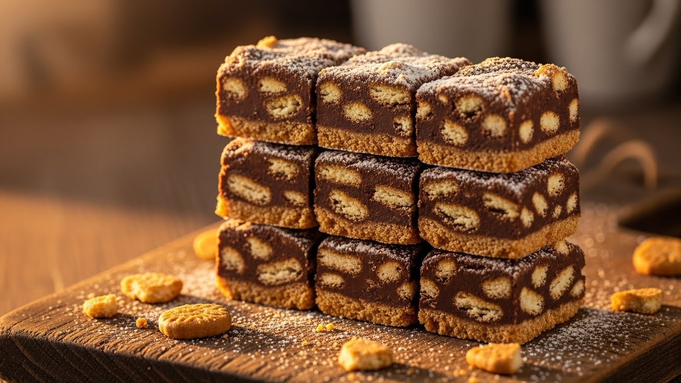 Pilha de quadradinhos de palha italiana com açúcar de confeiteiro, exibindo a textura de bolacha e chocolate.