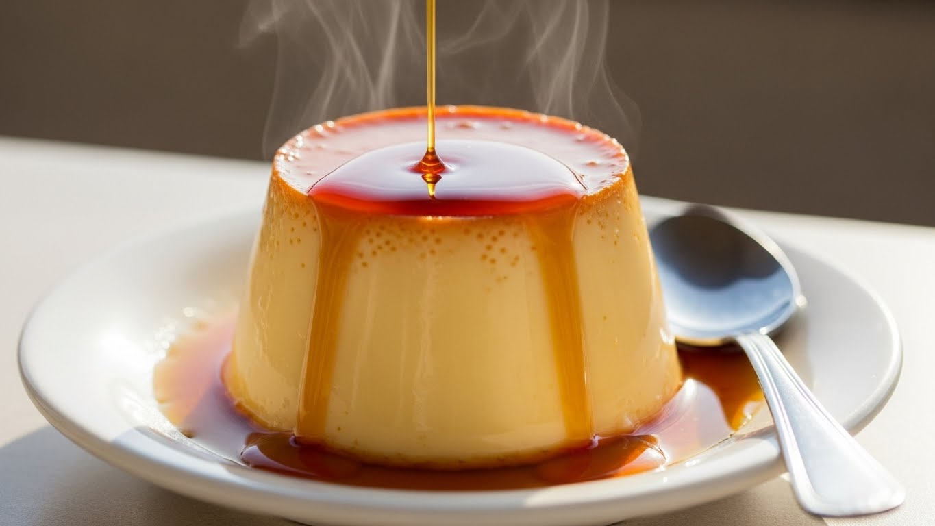 Pudim de caneca feito no micro-ondas com calda de caramelo brilhante escorrendo, pronto para comer.